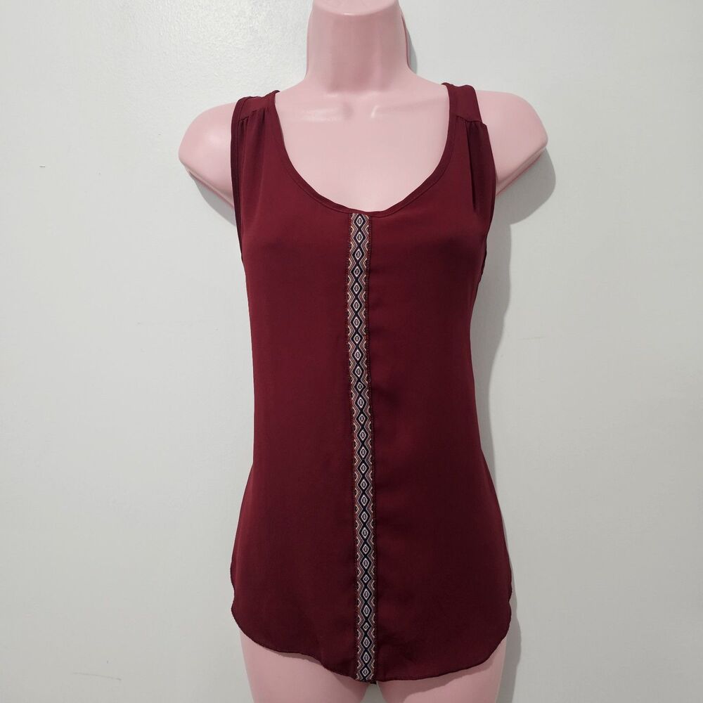 Wet Seal - Tank Top Sheer Flowy Embroidered Strip - Size L - Maroon